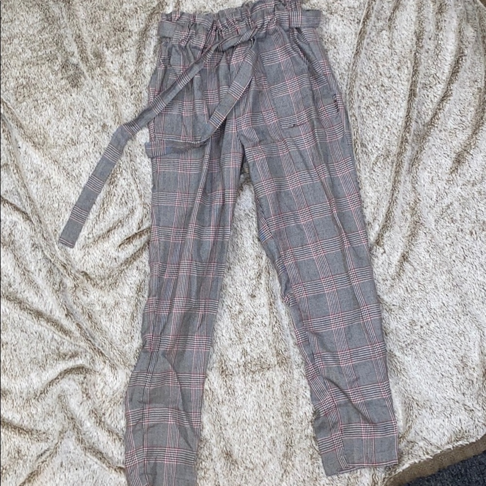Grey red and white stripped pants